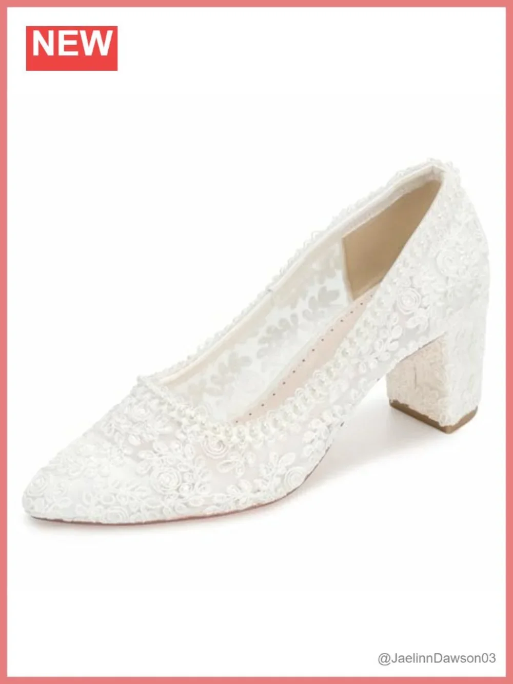 Women's Closed Toe Bridal Pumps, 2.56 Inch Block Heel, Lace Pearl Wedding